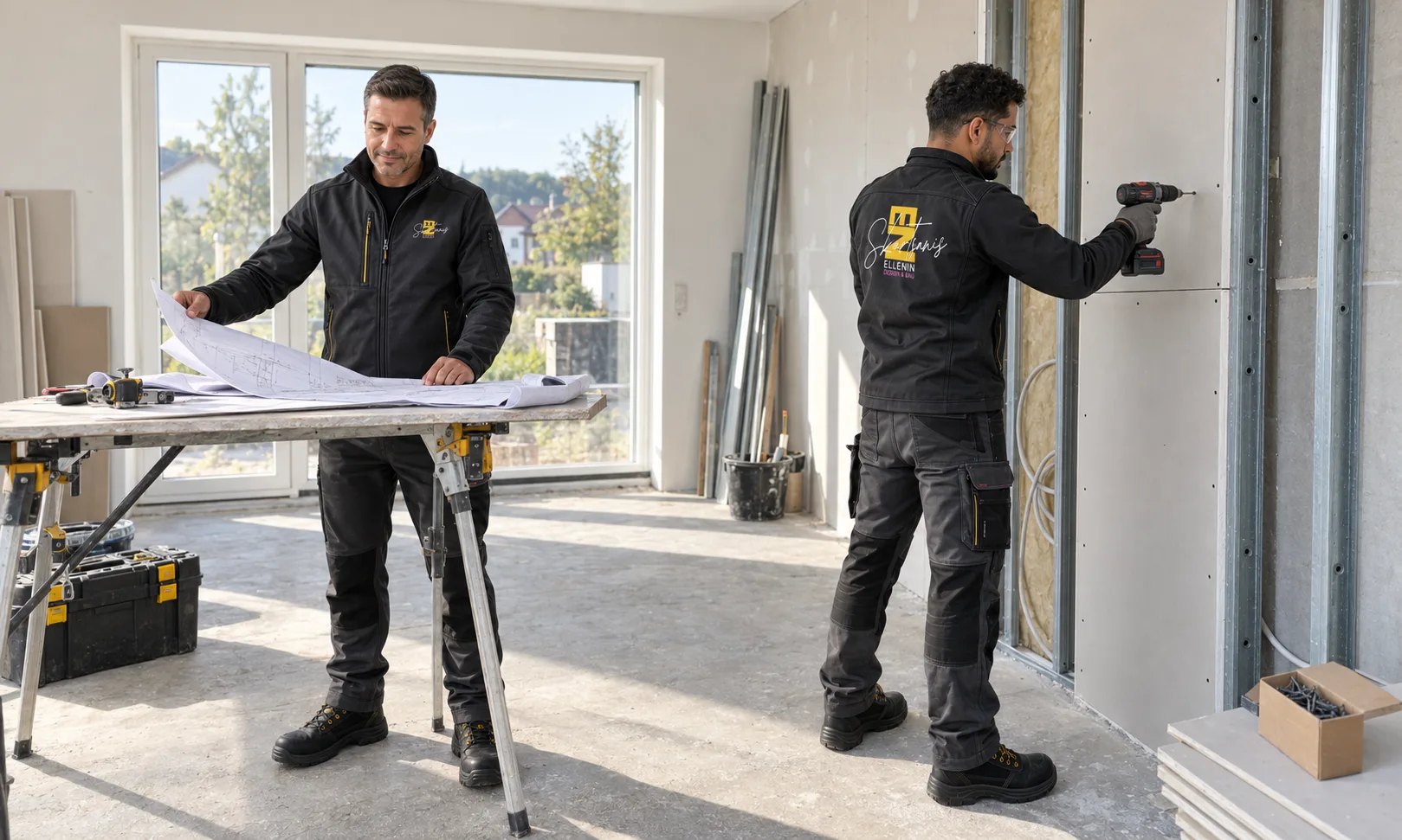 ELLENIN Projektleiter und Mitarbeiter koordinieren den Innenausbau auf der Baustelle