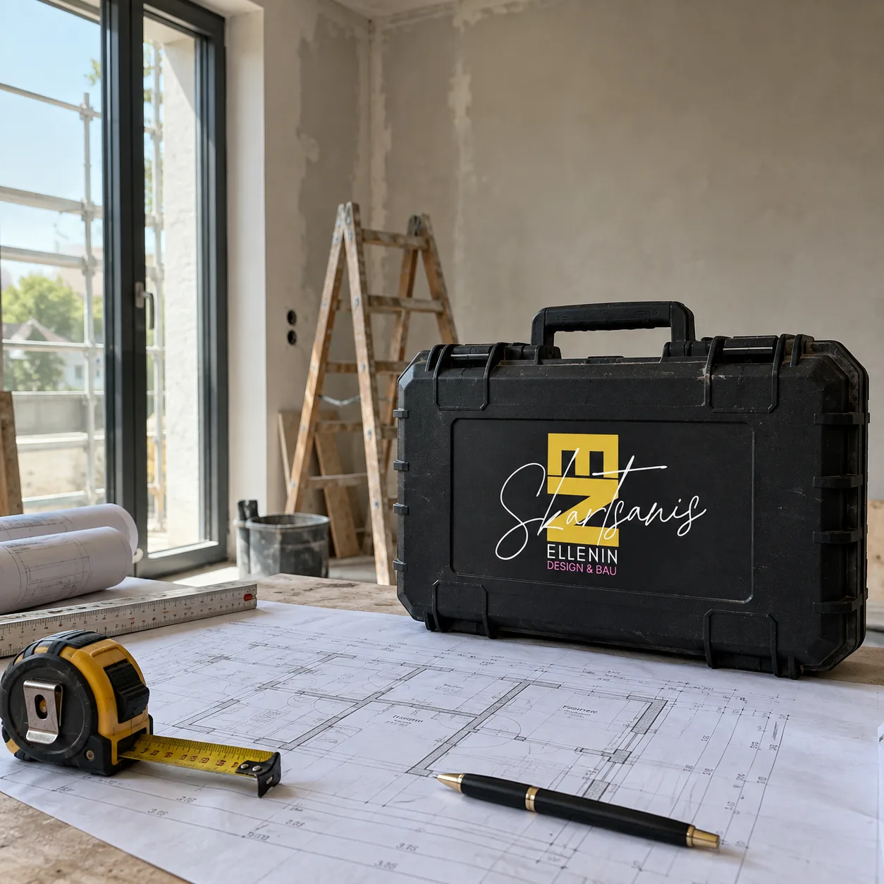 ELLENIN Werkzeugkoffer, Maßband und Stift auf Bauplänen in einem hellen Rohbau