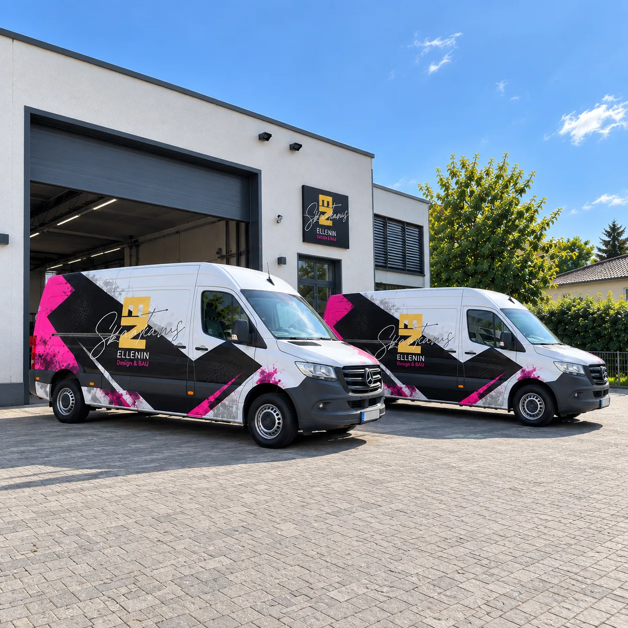 Zwei ELLENIN Transporter vor einer hellen Gewerbehalle