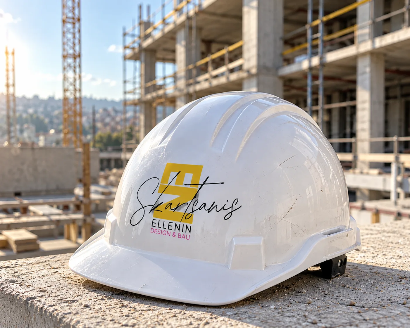 Weißer ELLENIN Schutzhelm auf einer Betonfläche im Rohbau