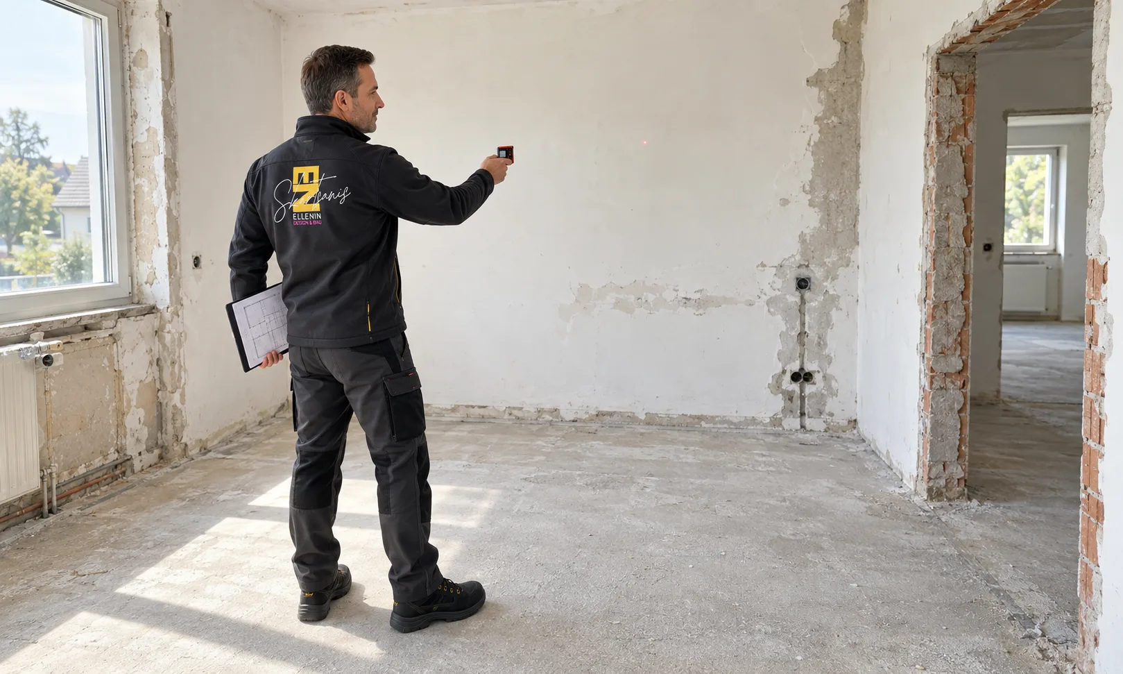 ELLENIN Projektleiter prüft mit Laserentfernungsmesser und Grundriss einen Raum vor dem Umbau