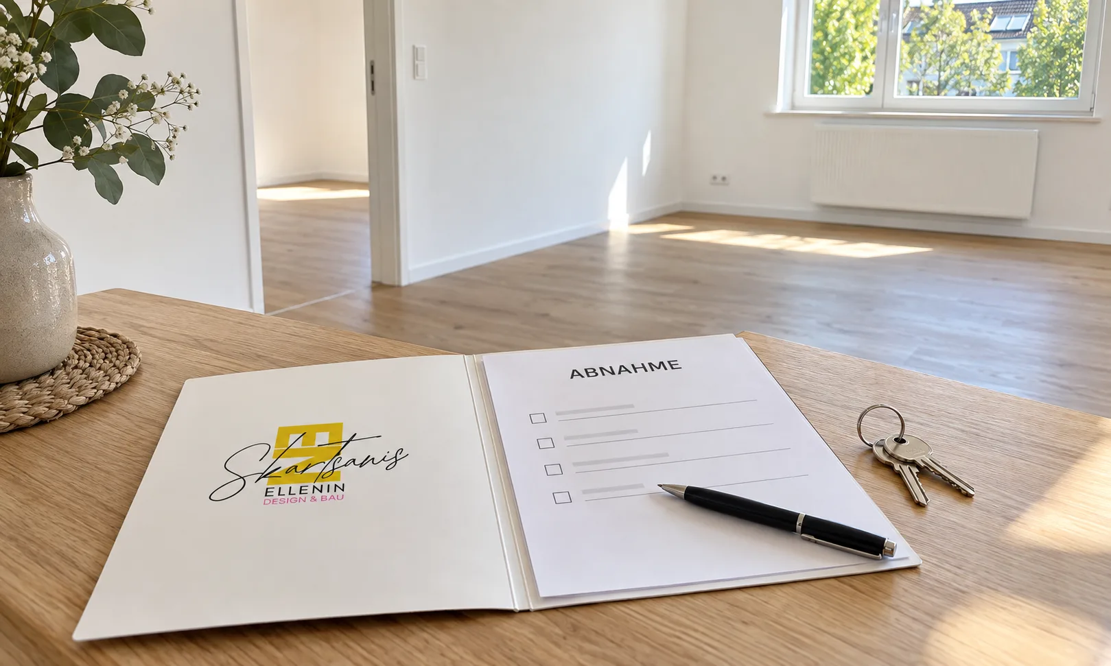 Abnahmemappe und Schlüssel vor einem fertig sanierten hellen Raum