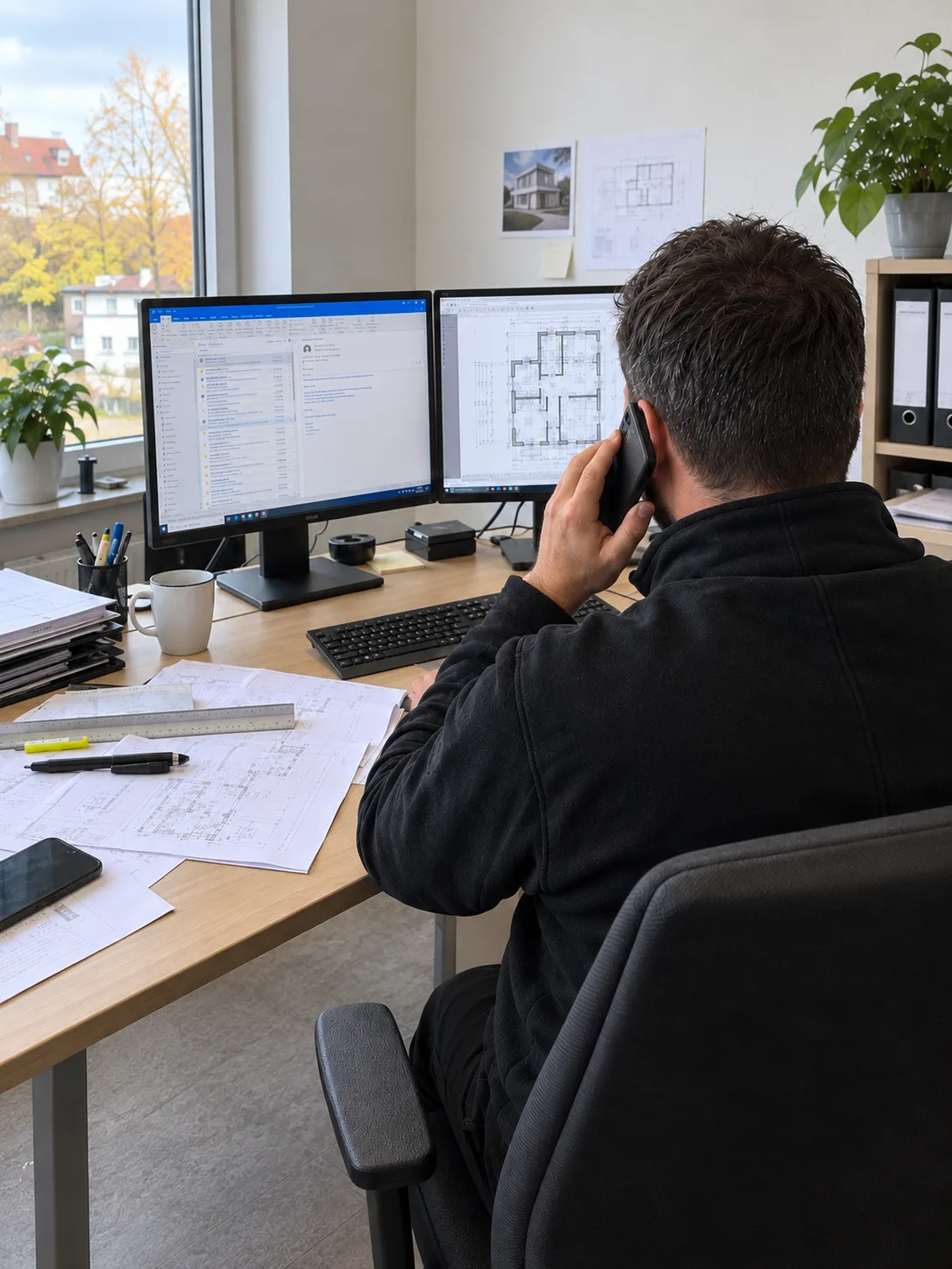 Mitarbeiter von hinten beim telefonischen Kundengespräch an einem Büroarbeitsplatz mit E-Mail-Ansicht und Bauplan auf zwei Monitoren