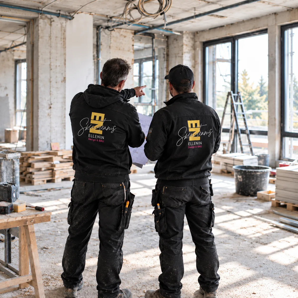 Zwei ELLENIN-Mitarbeiter stimmen auf der Baustelle die nächsten Arbeiten ab